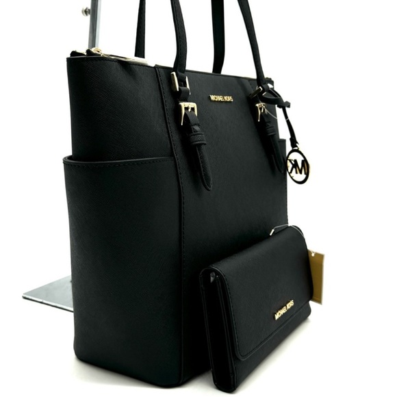 Michael Kors Large Charlotte TZ Tote Bag & Large Trifold Wallet Black/Gold - Picture 4 of 14